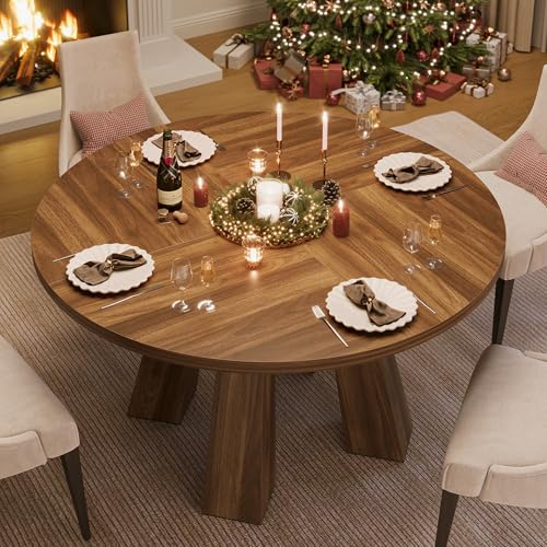 IDEALHOUSE 47" Round Dining Table for 4-6, Wood Kitchen Table with Sturdy Base, Farmhouse Circle Dinner Table for Dining Room, Living Room, 4 Strong Legs, Walnut IDEALHOUSE