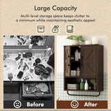 RUSTOWN Farmhouse Wall Storage Cabinet with Two Barn Door, Rustic Mounted Medicine Cabinet with Adjustable Shelf and Towel Bar, 3-Tier Wood Cabinet for Kitchen, Bathroom, Living Room (Dark Walnut) RUSTOWN