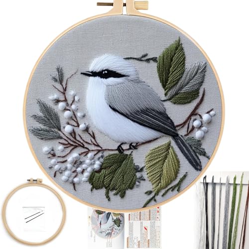FONNUY Wild Birds Embroidery Kit, Pre-Stamped Green Tree Bird Patterns Kits for Adults and Beginners, Handmade DIY Crafts Set, Color Thread Needlework, 8'' Hoop (Chubby Little Bird)