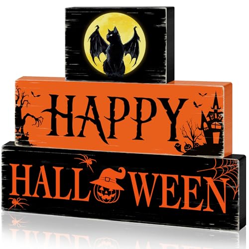 Halloween Black Cat Wooden Table Signs 3 Layered, Happy Halloween Sign Decorations, Spooky Wooden Ornaments Rustic Wooden Blocks Tabletop Decor for Home Tiered Tray Table Shelf Decor CIOEY