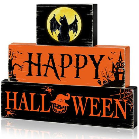 Halloween Black Cat Wooden Table Signs 3 Layered, Happy Halloween Sign Decorations, Spooky Wooden Ornaments Rustic Wooden Blocks Tabletop Decor for Home Tiered Tray Table Shelf Decor CIOEY