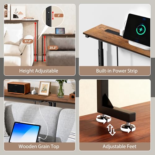 Keelian 70 inch Narrow Console Table with Outlet,Adjustable Height(25"-37") Behind Sofa Table,Couch Behind Table Skinny,Couch Shelf with Charging Station,Long Entryway Tables for Living Room,Brown Keelian