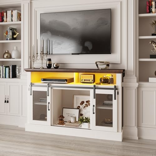 Farmhouse TV Stand for TVs Up to 55 Inches, Entertainment Center with LED Lights, Modern Media Console Table with Sliding Barn Door, White - WoodArtSupply