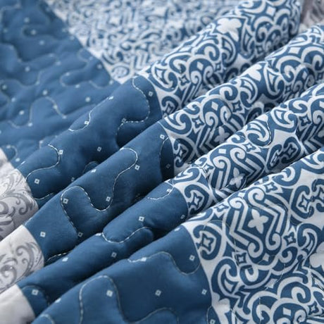 WONGS BEDDING Blue Quilt King Size, Bohemian Stripe Quilt Sets 3 Pieces Boho Quilted Bedspread Set Lightweight Microfiber Coverlet Bedding Set All Season (104"x90") WONGS BEDDING