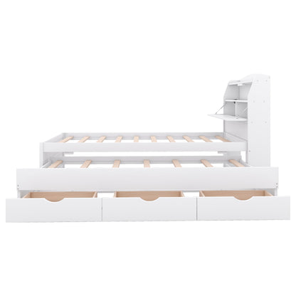 MERITLINE Twin Size LED Platform Bed with Trundle, Storage Drawers, and Bookcase Headboard in White - WoodArtSupply