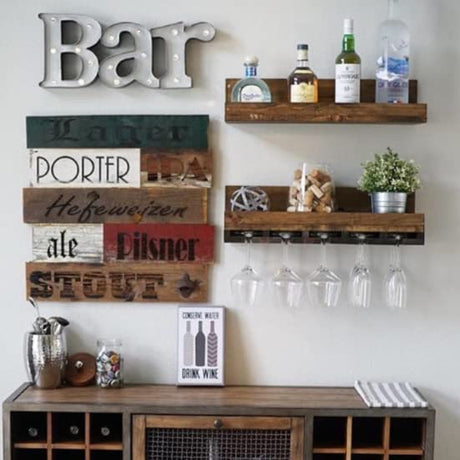 Wall Mounted Wood Wine Rack Shelf Set with Stemware Holders (RYAN) (30 inches) DistressedMeNot