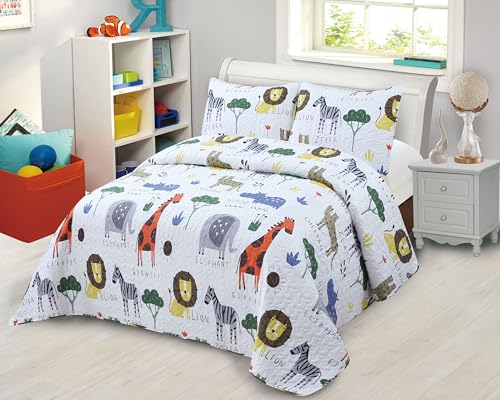 Kids Zone Collection Bedspread Set Kids/Teens Safari Animals White Quilted Bedding Set with Lion Zebra Giraffe Print Full/Queen New # Jungle Kids Zone Home Linen
