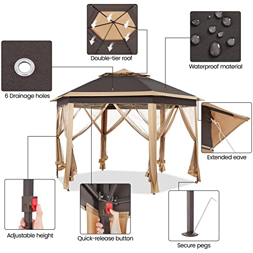 Yaheetech 13x13 Pop up Gazebo, Hexagonal Outdoor Canopy Shelter, Instant Patio Gazebo Sun Shade Canopy Tent with Double Tiers & Mesh Netting for Lawn, Garden, Backyard & Deck, Khaki/Brown - WoodArtSupply