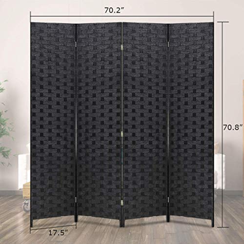 Room Dividers and Folding Privacy Screens 4 Panel 6 ft Foldable Portable Room Seperating Divider, Handwork Wood Mesh Woven Design Wall, Freestanding, Black Dkeli