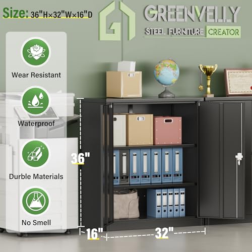 Greenvelly Metal Storage Cabinet with Doors and Shelves,Lockable Storage Cabinet for Office,36”Black Metal Utility Cabinet Garage Cabinets, Lockable File Cabinet for Home Office, Garage, Kitchen, Shop Greenvelly