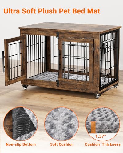 YaFiti Dog Crate Furniture with Cushion, Wooden Dog Kennel Indoor with Double Doors, Dog Cage with Wheels, Dog House Side End Table for Small Medium Dogs up to 45 lb, 32.5” L, Rustic Brown YaFiti