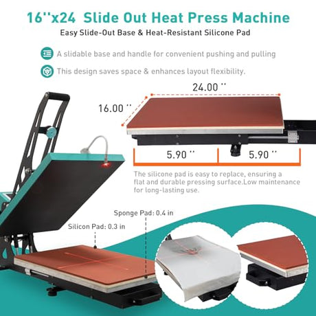 16x24 Semi-auto Heat Press Machine with Positioning, 2kw, Slide-Out, Heat Transfer Press DTF, Vinyl. Family or Small Business (Green, 16x24 Semi-auto) Eonvest