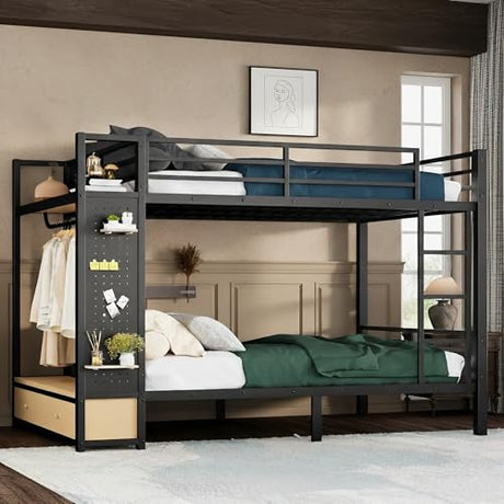 ICIUIOIR Full Over Full Bunk Bed with Stairs and Storage Drawers, Heavy Duty Metal Bunk Bed Frame with Shelves & Pegboard for Teens and Adults, Full Size Space-Saving Loft Design, Bunk+Full ICIUIOIR