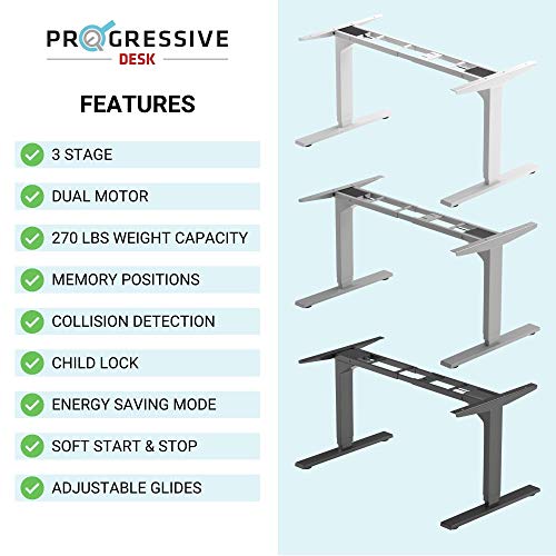 PROGRESSIVE AUTOMATIONS Standing Desk Frame Dual Motor. Adjustable Height and Width, 3 Stages Electric Legs for sit Stand desks. Suites Tops from 48" to 73" FLT-02 Grey PROGRESSIVE AUTOMATIONS