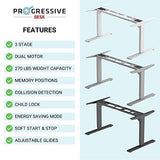 PROGRESSIVE AUTOMATIONS Standing Desk Frame Dual Motor. Adjustable Height and Width, 3 Stages Electric Legs for sit Stand desks. Suites Tops from 48" to 73" FLT-02 Grey PROGRESSIVE AUTOMATIONS