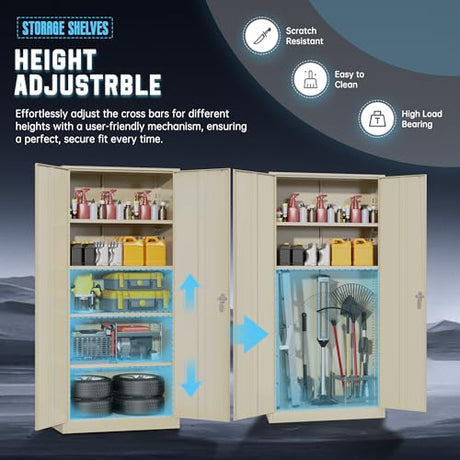 Superday Metal Storage Cabinet with Lock, 72" H Garage Storage Cabinet with Doors and 4 Adjustable Shelves,Putty Steel Locking Cabinets for Office, Home, Garage, Gym, School Superday