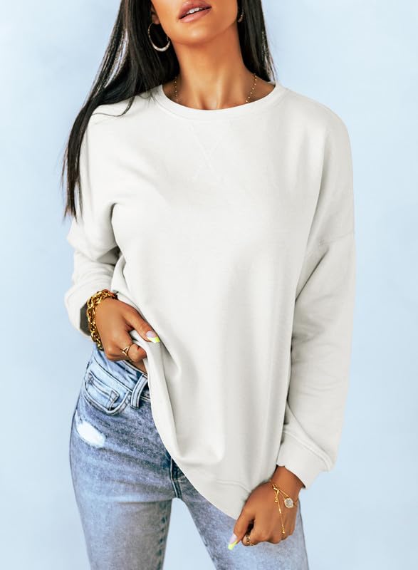 Dokotoo Women's Long Sleeve Crewneck Sweatshirt with Side Split - Loose Fit Solid Pullover Tunic in White Large Dokotoo