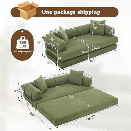 MAKIAAP 78.5'' Convertible Folding Sofa Bed, 5-in-1 Modular Floor Couch, Corduroy Small Cloud Couch, Compressed Foldable Sleeper Sofa, King Size Futon for Bedroom, Guest Room (Green) MAKIAAP