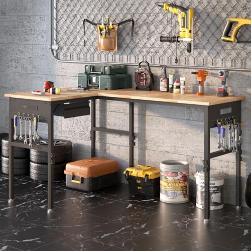 EROMMY 47"/94" Heavy-Duty Adjustable Workbench, 5000 LBS Load Capacity L-Shaped Work Bench with Power Strip and Pegboard, Rubber Wood Work Table for Garage, Workshop, Office, Home, Commercial EROMMY