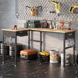 EROMMY 47"/94" Heavy-Duty Adjustable Workbench, 5000 LBS Load Capacity L-Shaped Work Bench with Power Strip and Pegboard, Rubber Wood Work Table for Garage, Workshop, Office, Home, Commercial EROMMY