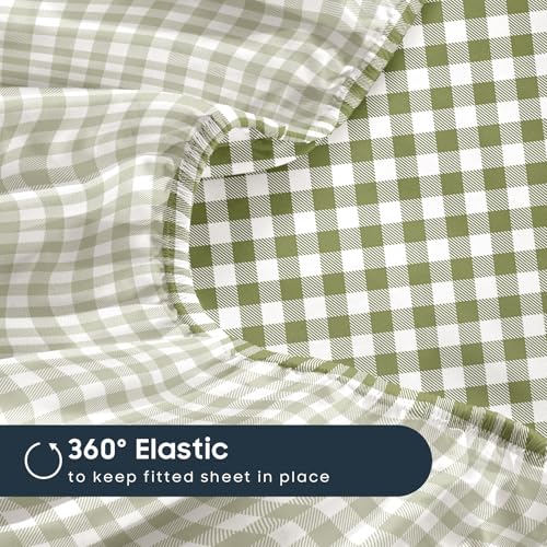 Wake In Cloud - Gingham Bed Sheets, 4-Piece Sheet Set, Plaid Checkered Check Pattern Printed Cute Preppy College Dorm Bedding, Deep Pocket, Moss Green, Full Size Wake In Cloud