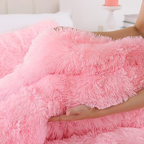 Smoofy Fluffy Queen Comforter Set, Faux Fur Pink Comforter Set Queen Size, Luxury Fuzzy Bedding Set, Soft Shaggy Bed Set Pink for All Season, 3 Pieces - 1 Comforter & 2 Pillowcases Smoofy