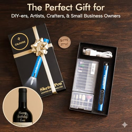 SketchPro Cordless Engraving Pen with LED Light – 3-Speed Precision Etching Tool for Wood, Metal, Glass & Plastic – USB-C Rechargeable, 26 Accessories – Ideal for DIY, Jewelry & Craft Projects Calavive