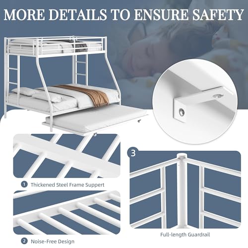 Shintenchi Twin Over Full Size Bunk Bed with Trundle, Heavy-Duty Metal Frame, 2 Ladders & Full-Length Guardrail, Space-Saving Sleep Solution for Kids/Teens/Adults, White Shintenchi