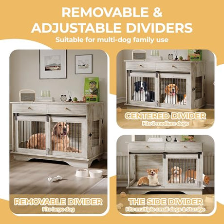47" Dog Furniture Crate, Large Furniture Style Dog Crate for Large/Medium/Small Dogs (Retro Grey, One Cage) Garvee