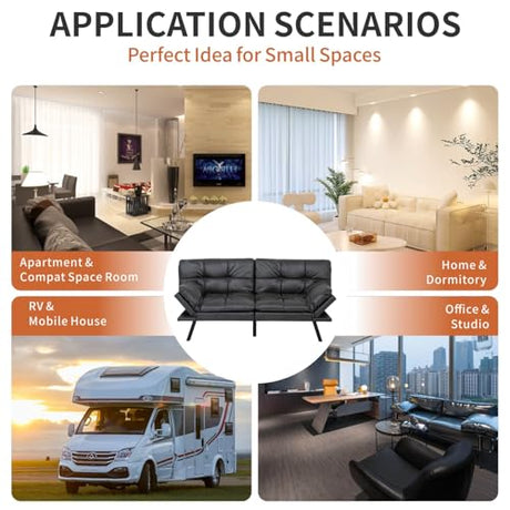 MUUEGM Memory Foam Futon Sofa Bed, Convertible Couch, Modern Loveseat Sleeper for Small Space, Apartment, Living Room - Adjustable Backrests and Armrests, Matte Black MUUEGM