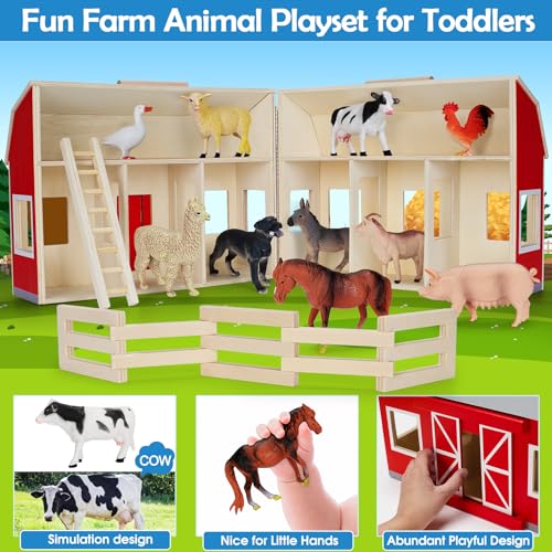 YEEBAY Farm Animals Toys for 3+ Year Old Kids Toddlers Girls Boys, Large Wooden Barn with Animal Play Figures, Farm Playset Educational Learning Toys, Ideal Christmas Birthday Gifts YEEBAY