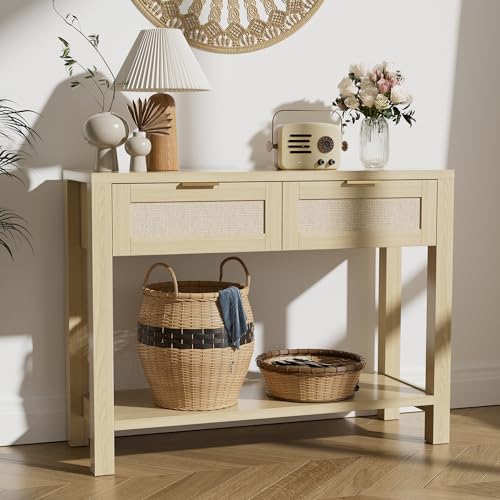 YUUIJOAA Boho Chic Console Table with 2 Rattan Drawers and Open Shelf Storage, Narrow Farmhouse Sofa Table for Small Space Entryway, Living Room,Hallway,Natural YUUIJOAA