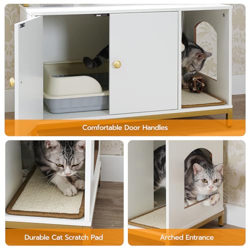 HOOBRO Large Cat Litter Box Enclosure with 2 Storage Shelves, Wooden Litter Box Furniture, Hidden Litter Box Furnitue with Scratching Pad, Sturdy and Solid, 31.5"L x 17.9"W x 47.2"H, White WD - WoodArtSupply