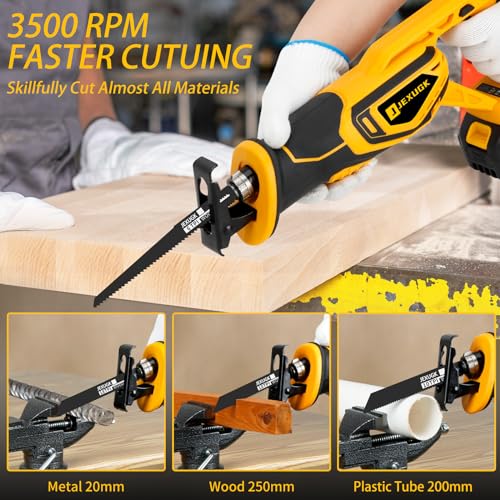 JEXUGK Brushless Reciprocating Saw Cordless, 21V Max 3500 SPM Rechargeable Saw, 2 x 4.0Ah Battery, 12 Saw Blades & Fast Charger, Variable Speed Reciprocating Saws for Woods/Metal/Plastic Cutt - WoodArtSupply