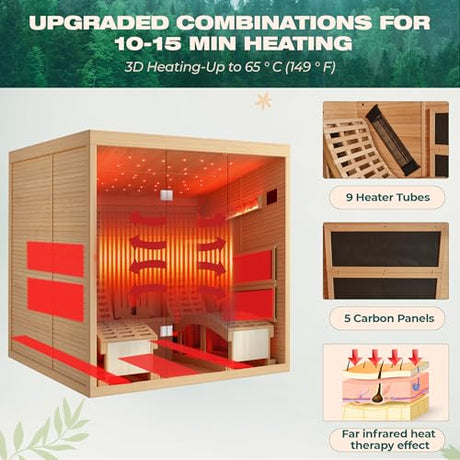 BNEHS Infrared Sauna,2 Person Luxurious Indoor Sauna with Recliner, Wooden Sauna with 7-Color Starry Ceiling,9 Heating Tubes,5 Carbon Panels,2-in-1 Door Handle,Himalayan Salt Brick,220V BNEHS