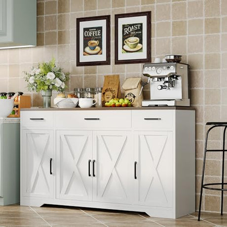 Garvee 55 in Large Buffet Sideboard Cabinet with Storage 4 Doors and 3 Drawers Kitchen Storage Cabinet Coffee Bar Buffet Table for Dining Room, Living Room, Adjustable Shelf Garvee