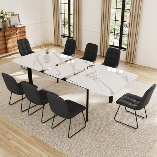 Extendable Dining Table Set for 6-8 People, 63 to 78.7 Inch MDF Kitchen Table with 8 Faux Leather Dining Chairs, Space-Saving for Dining Room, Breakfast Nook (White Table & 8 Black U-Shaped Chairs) HIPIHOM
