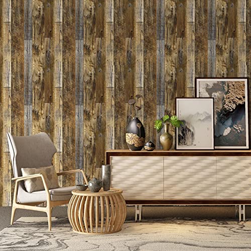 Decoroom Wood Wallpaper 17.71''×118'' Shiplap Peel and Stick Wallpaper Rustic Wood Grain Contact Paper Removable Self Adhesive Distressed Vinyl Film Roll for Table Cabinets Shelf Liner Decorative
