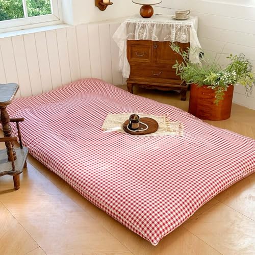 Red Gingham Japanese Floor Mattress Futon Cover Twin for 3-4" Thick Pad, Checked Plaid Japanese Tatami Mattress Cover,Grid Guest Sleeping Mat for Floor (Red Gingham, Twin) NSNLGSGC