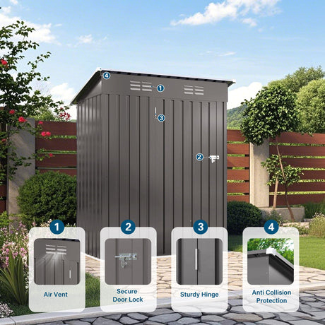 5 X 3 Ft Durable Metal Shed Outdoor Storage Shed With Pitched Roof And Lockable Door - Gray HouseOfZazla