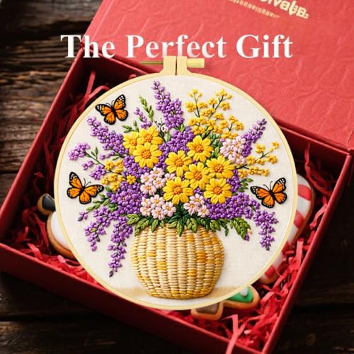 Zhenqing Butterfly Flower Embroidery Kit 4 Pack, Beginner Floral Craft Set with 20cm Hoop, Printed Patterns on 29x29cm Cotton Fabric, DIY Nature Design (JC0083)