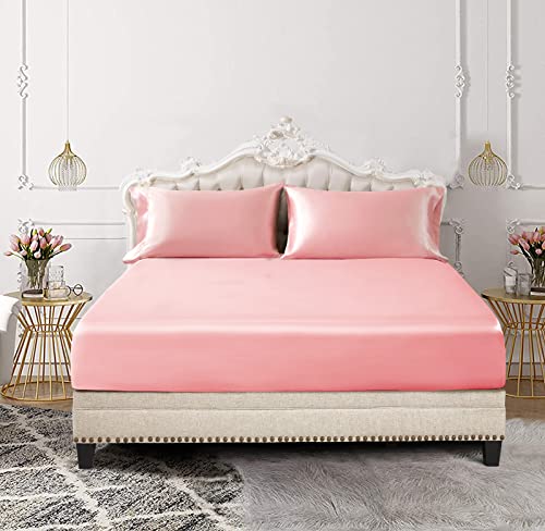 SiinvdaBZX 3-Piece Set Satin Twin Fitted Sheet & 2 Pillowcase, Blush Pink Silky Soft Fitted Bottom Sheet, Wrinkle Free, Fade Resistant, Deep Pocket Bed Sheet (Deep Up to 15") SiinvdaBZX