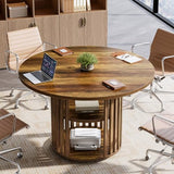 Tribesigns 47-Inch Round Conference Table for 4, Wooden Small Meeting Room Table with Storage Shelf and Solid Wood Base for Office, Conference Room, Brown Tribesigns