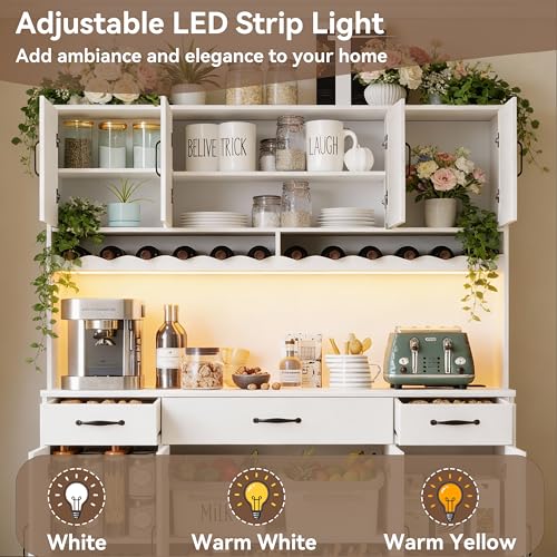 AXCIGOC 72" Tall Kitchen Pantry Cabinet with Charging Station 55" Wide Kitchen Hutch Cabinet with LED Light and Countertop Large Kitchen Pantry Storage Cabinet With Adjustable Shelves and Wine Rack AXCIGOC