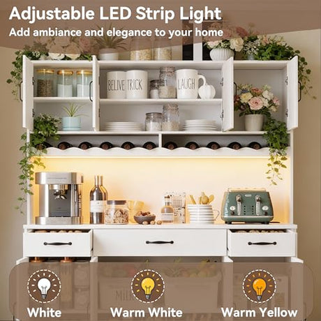 AXCIGOC 72" Tall Kitchen Pantry Cabinet with Charging Station 55" Wide Kitchen Hutch Cabinet with LED Light and Countertop Large Kitchen Pantry Storage Cabinet With Adjustable Shelves and Wine Rack AXCIGOC