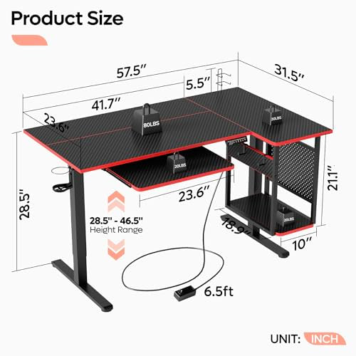 Bestier L Shaped Electric Standing Desk Adjustable Height with Keyboard Tray, Host Shelf & Pegboard (Black 3D Carbon Fiber with Red Edge) - WoodArtSupply