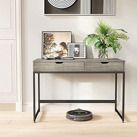 Bestier Rectangular Two Drawer Writing Computer Desk, Modern Engineered Wood Design, Stainless Steel Leg Frames, Modern Industrial Design, Gray Bestier