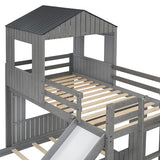 Harper & Bright Designs House Bunk Bed with Slide,Wood Twin Over Full Bunk Bed with Roof,Ladder & Safety Guardrail,Floor Bunk Loft Bed for Kids,Teens,No Box Spring Needed, Antique Grey Harper & Bright Designs