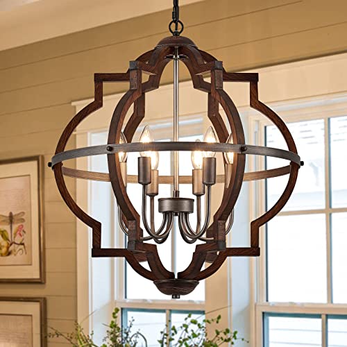 TACDANDM 23'' 6-Light Wood Farmhouse Chandelier for Dining Room Vintage Rustic Oak Brown Pendant Light Fixtures Globe Hanging Ceiling Lighting for Hallway Entryway Foyer Kitchen Living Room Bedroom