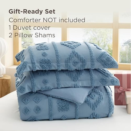 Bedsure Boho Duvet Cover King - Dusty Blue Tufted Boho Bedding, Farmhouse Shabby Chic Embroidery Bedding for All Seasons, 3 Pieces, 1 Soft Jacquard King Comforter Cover and 2 Pillow Shams Bedsure